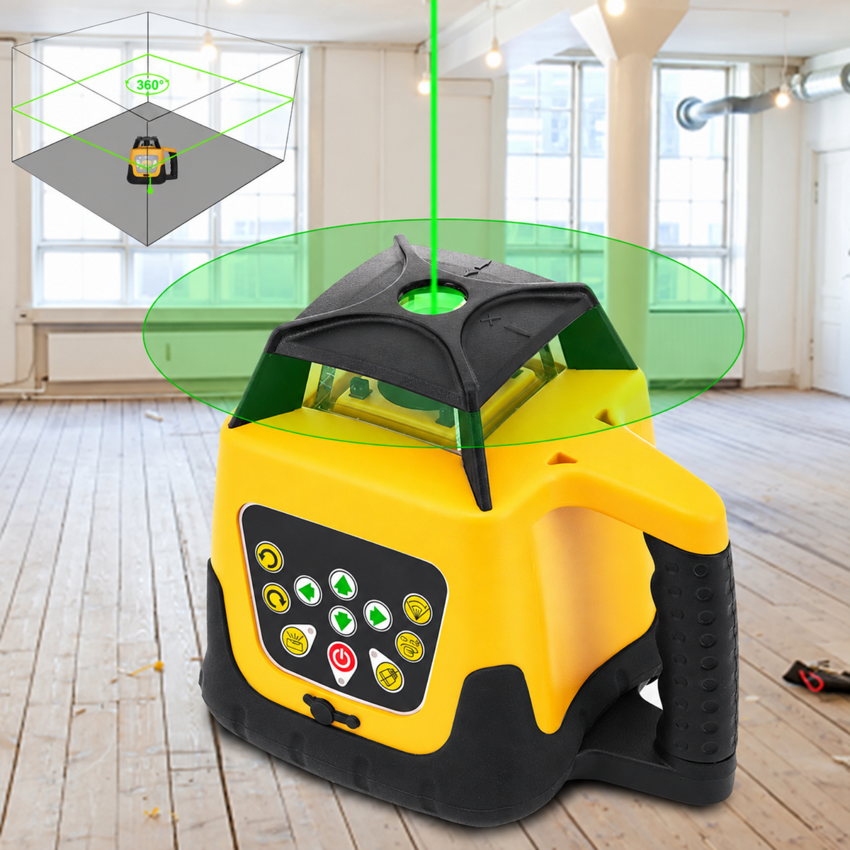 Niveau laser rotatif autonivelant, plan vert à 360° dans un local