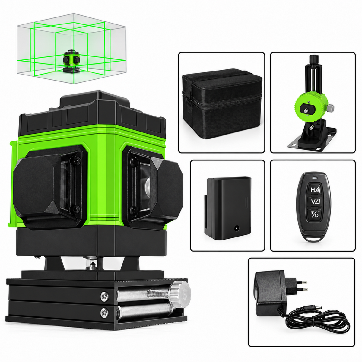 Niveau laser 3D 12 lignes vertes, boîtier seul, vue de trois quarts