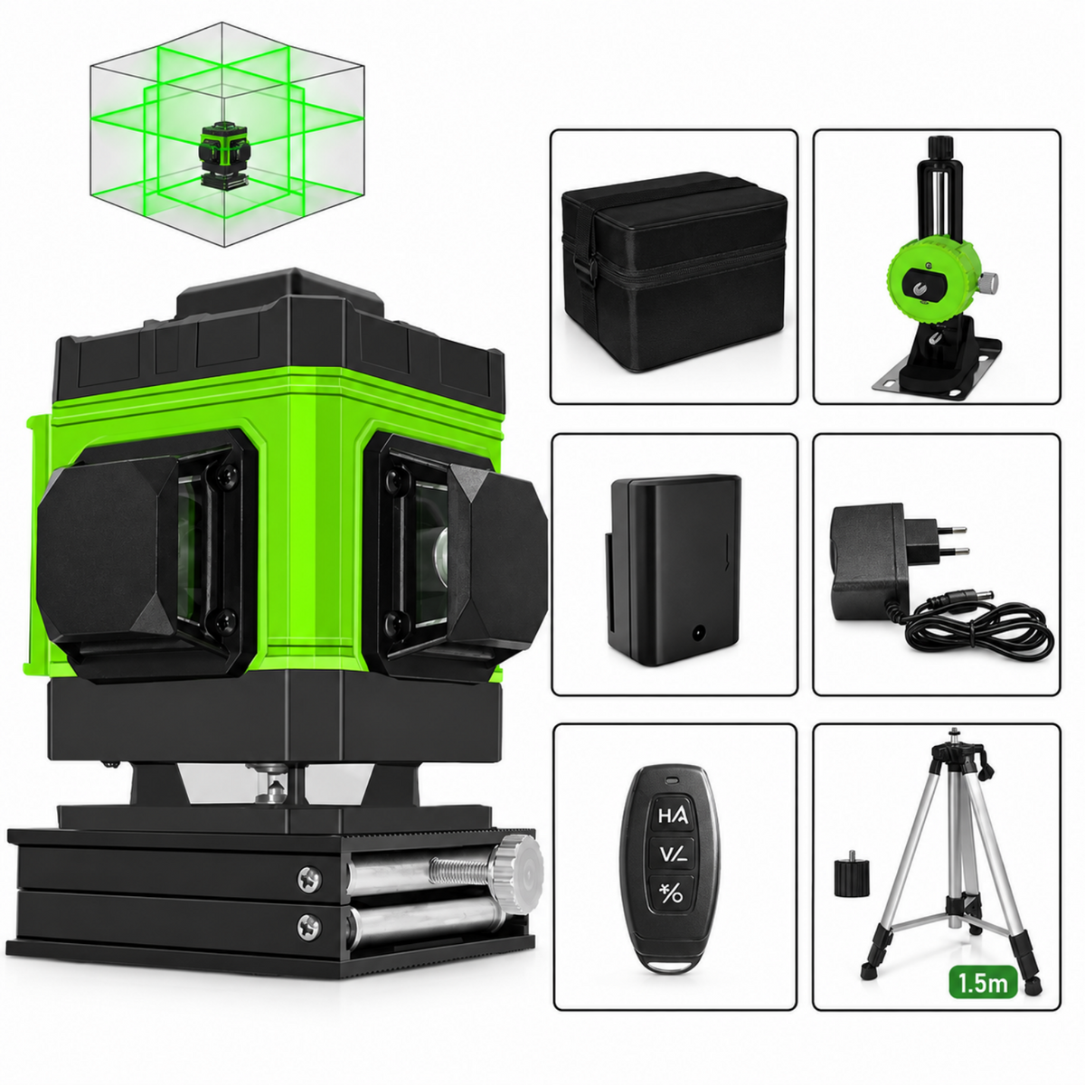 Niveau laser 3D avec son trépied 1,50 m et le contenu du carton