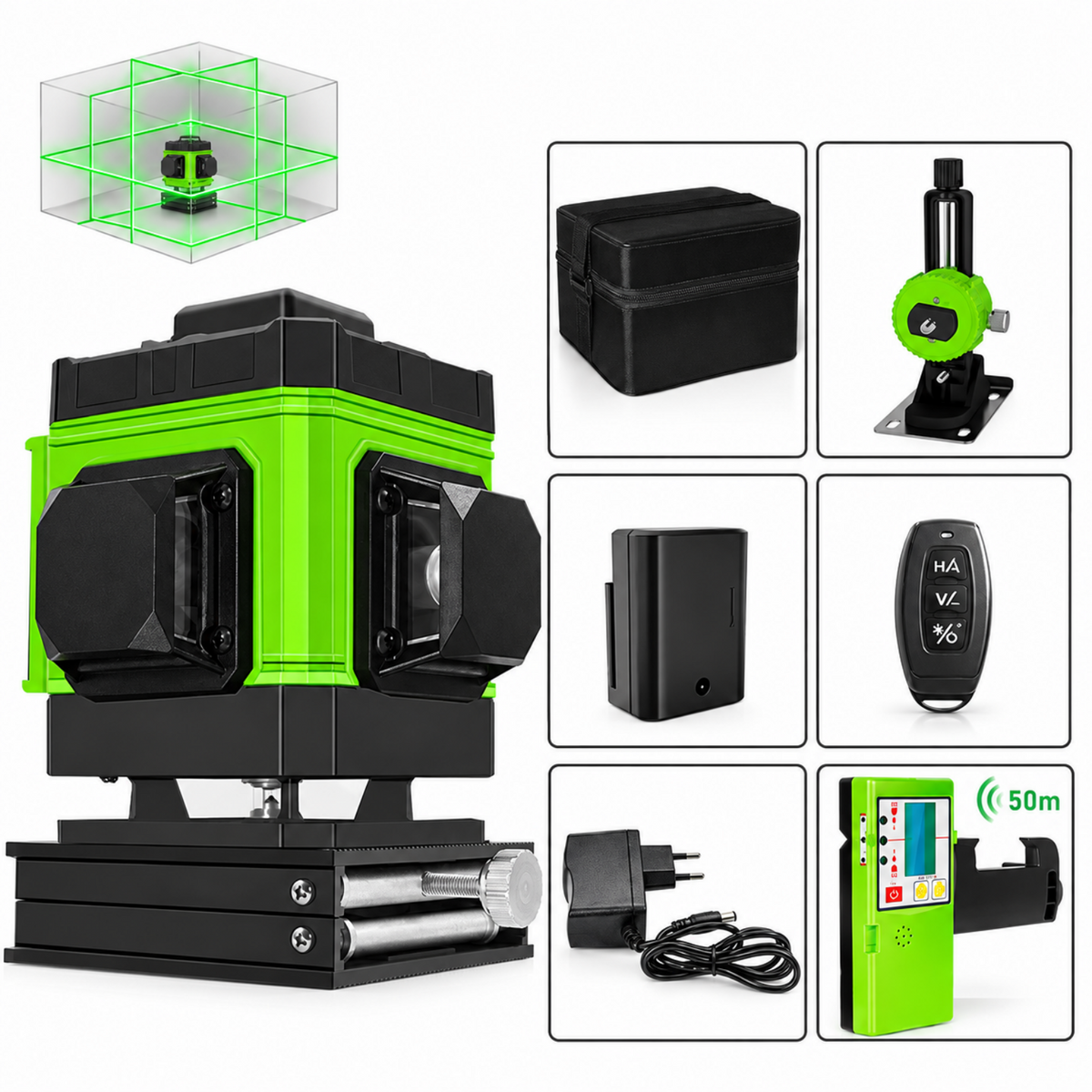 Niveau laser 3D avec son récepteur 50 m et le contenu du carton