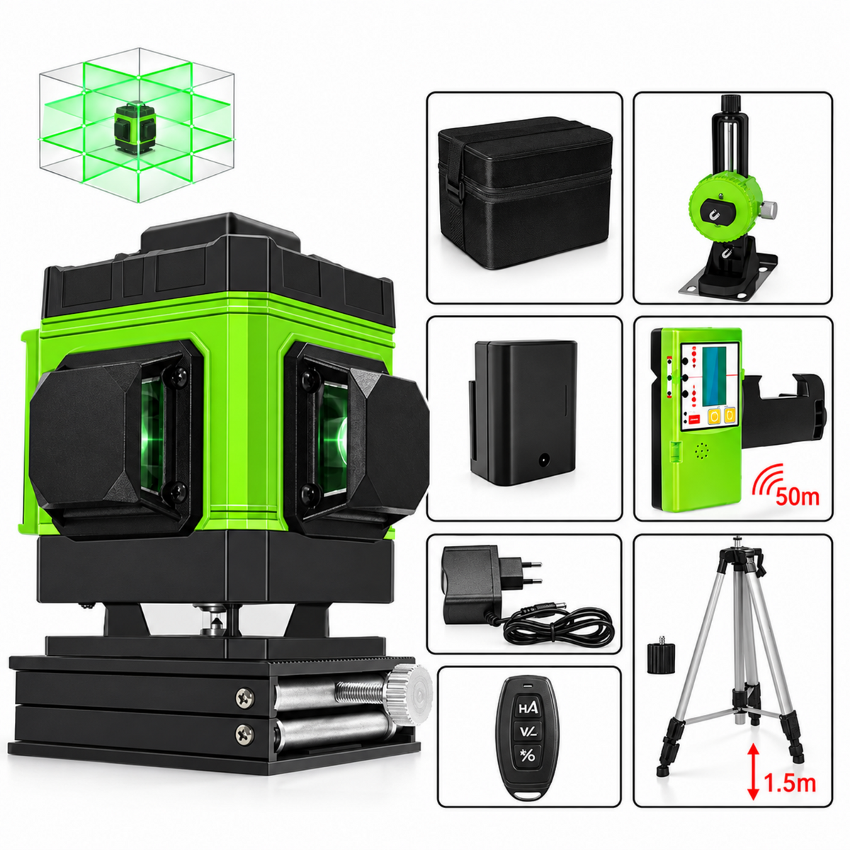 Niveau laser 3D avec trépied, récepteur et contenu du carton