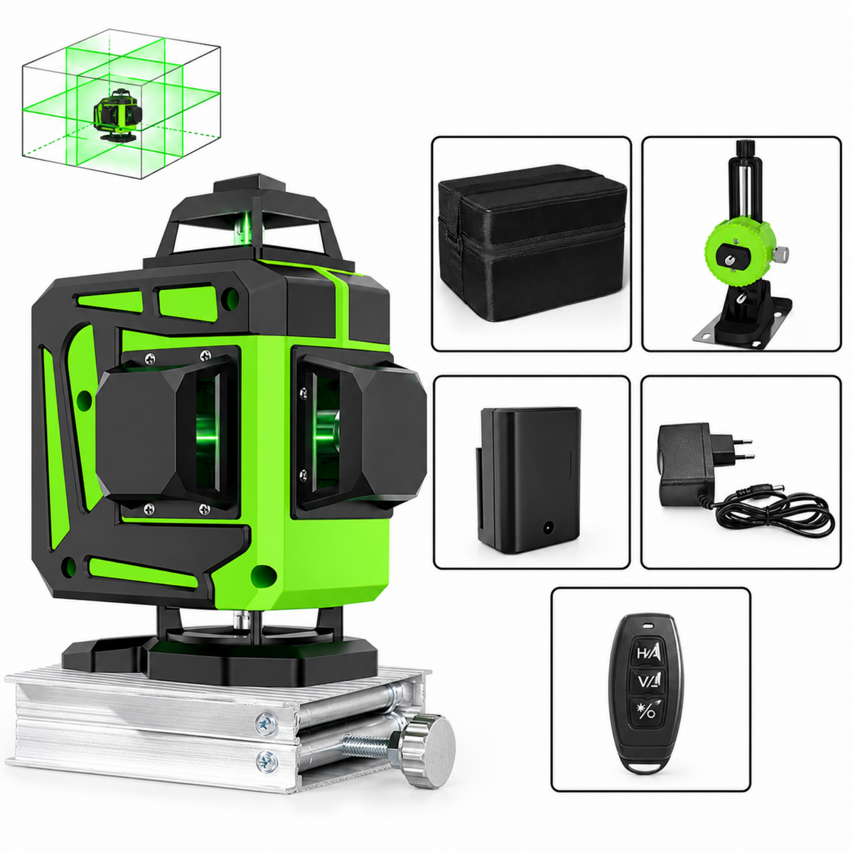 Niveau laser 4D 16 lignes vertes, boîtier seul, vue de trois quarts