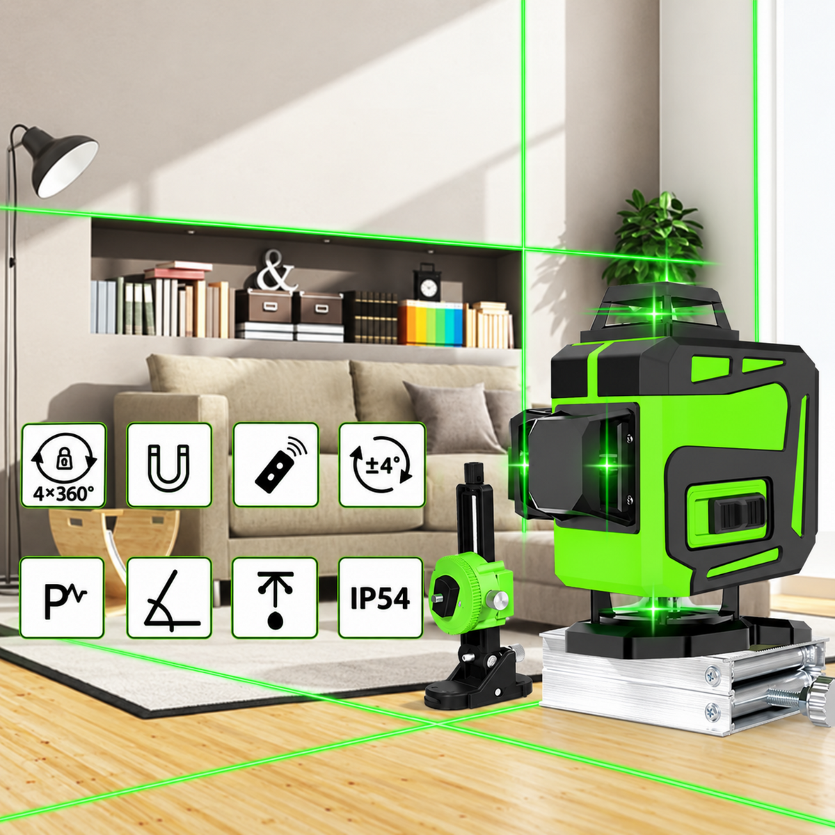 Niveau laser 4D projetant ses plans dans un séjour