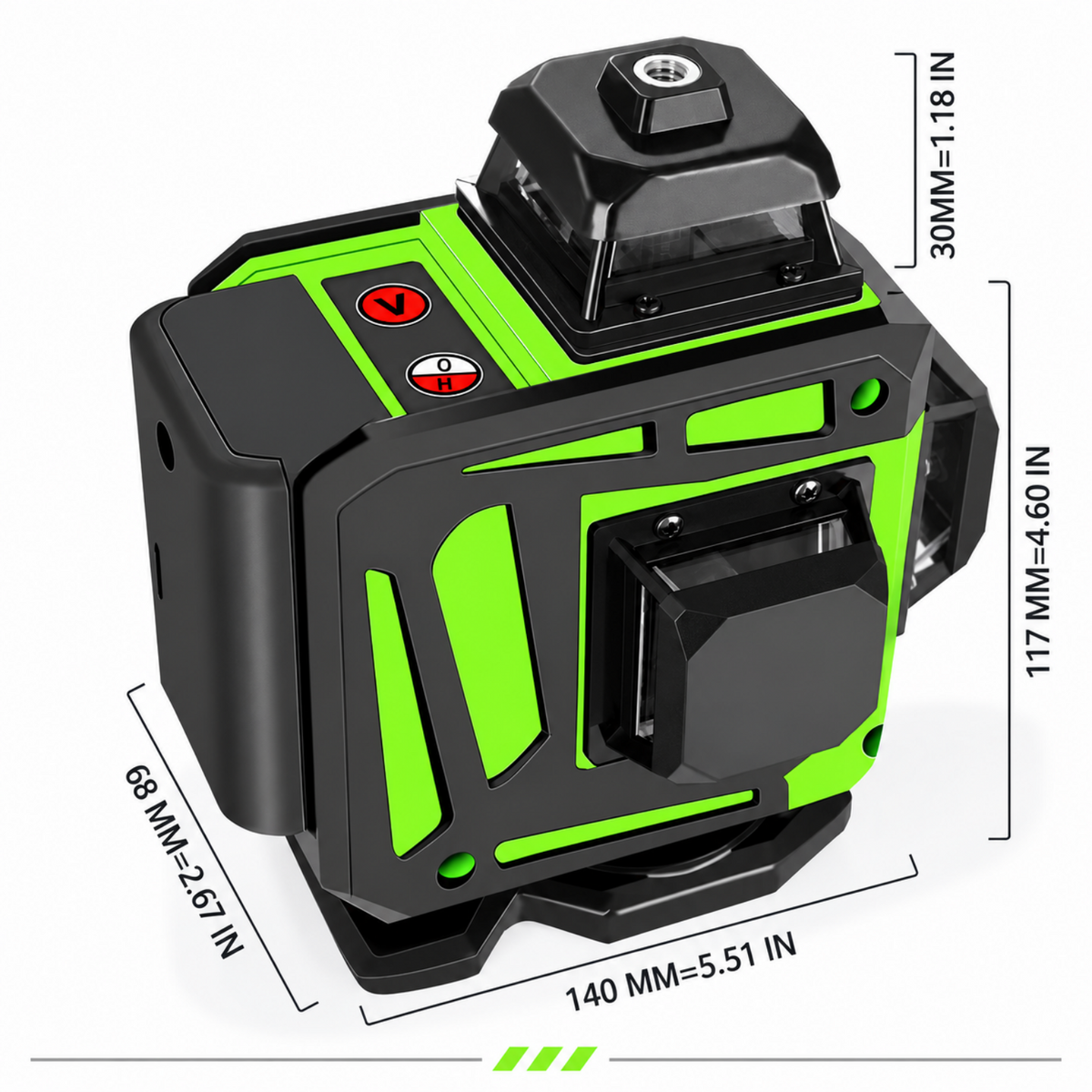 Dimensions du niveau laser 4D : 140 × 117 × 68 mm