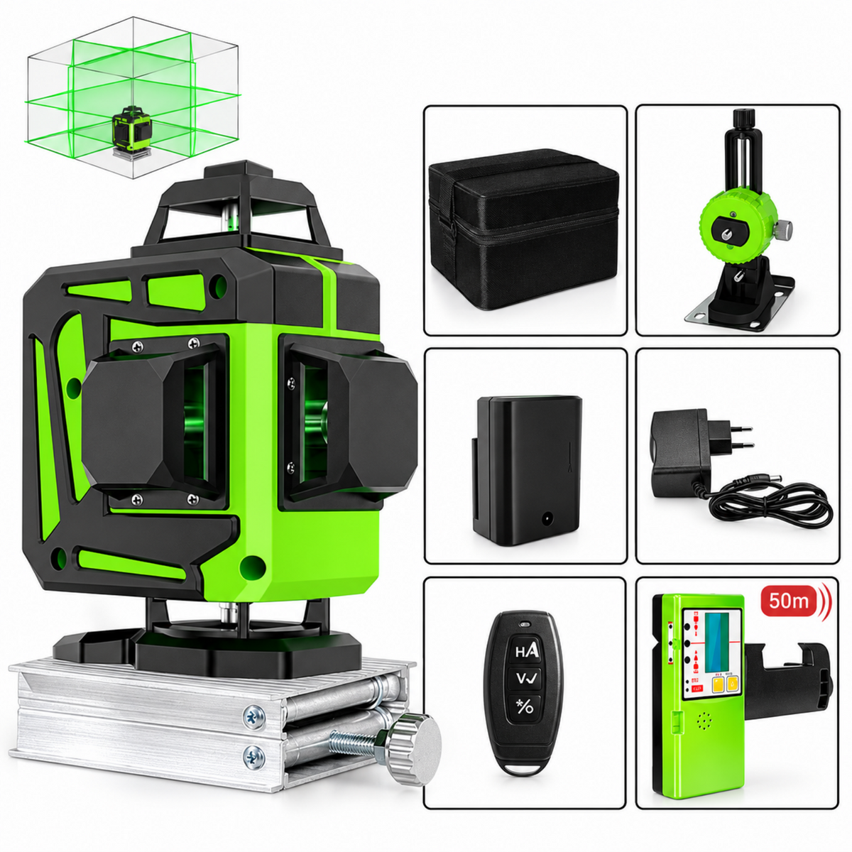 Niveau laser 4D avec son récepteur 50 m et le contenu du carton