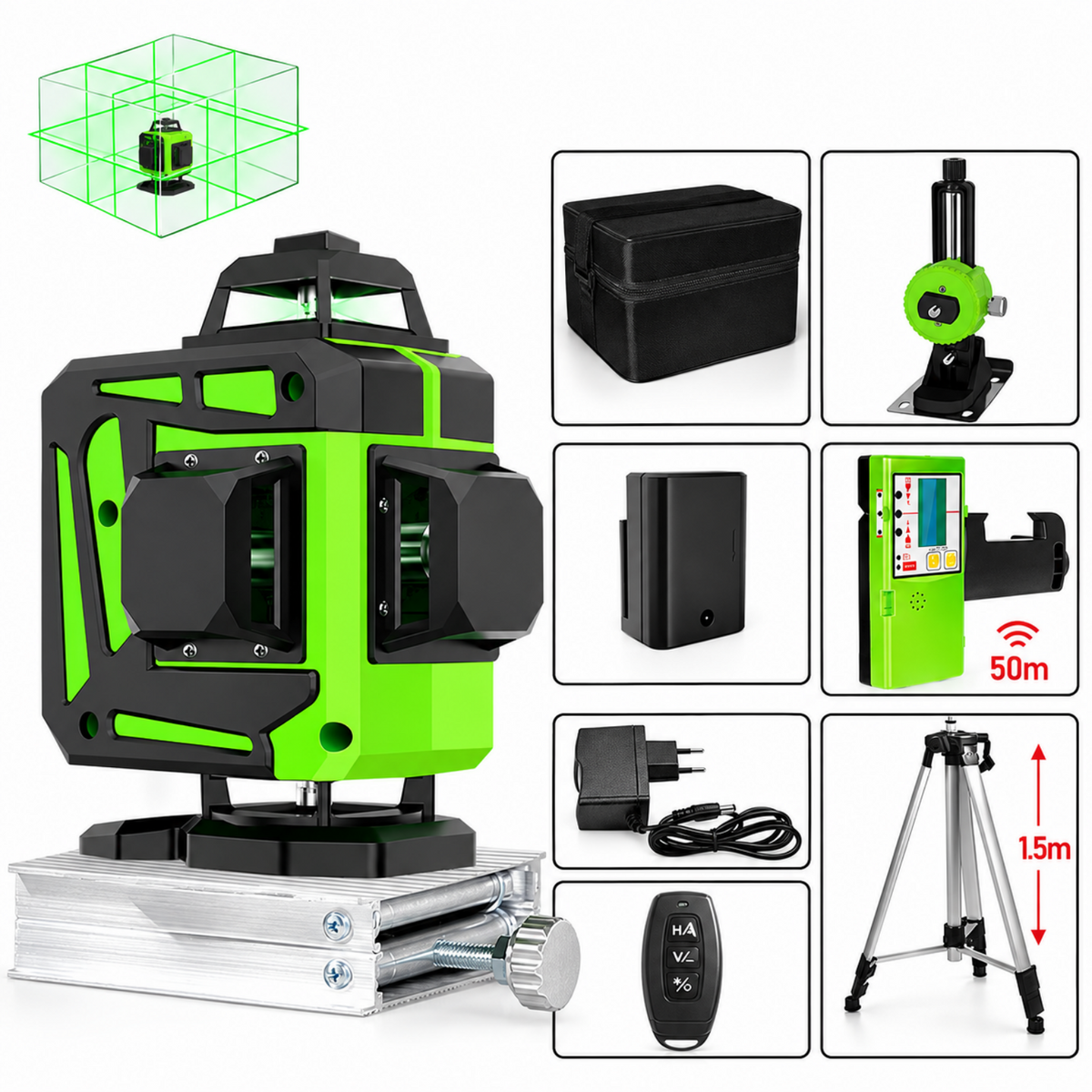 Niveau laser 4D avec trépied, récepteur et contenu du carton
