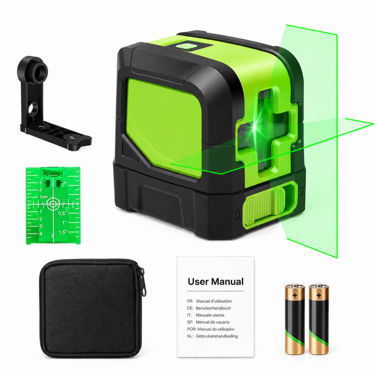 Contenu : appareil, support mural, housse, cible verte, notice et piles