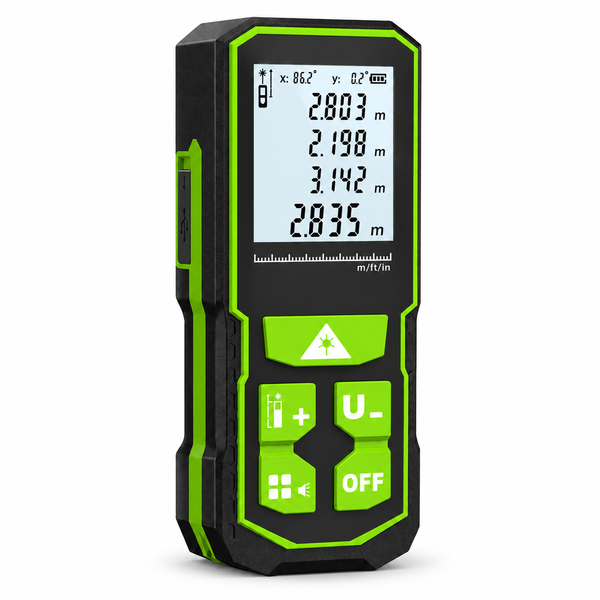 Télémètre laser 120 m avec mesure d’angle et Pythagore — vue de face sur fond blanc